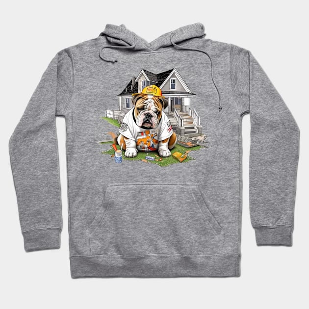 A Carpenter English Bulldog with a level and measuring tape, inspecting a newly built house Hoodie by teestore_24